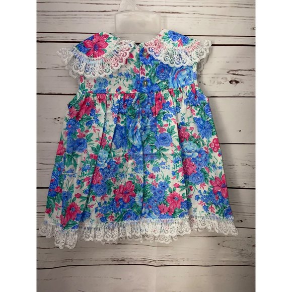 Vintage Forever Floral Blue Pink Lace Trim Size 18 Months Girl's Sleeveless Dres - Picture 2 of 9